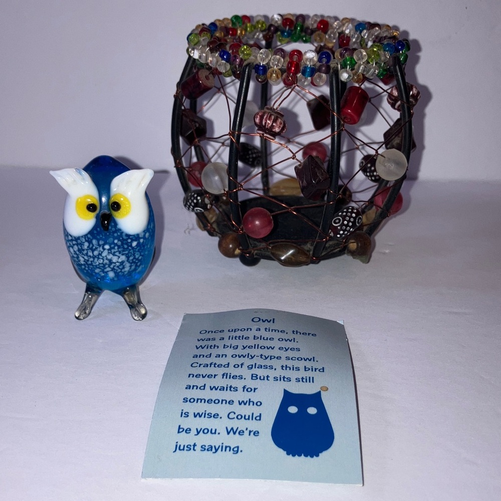 Blue Glass Owl Figurine with Beaded Votive Candle Holder